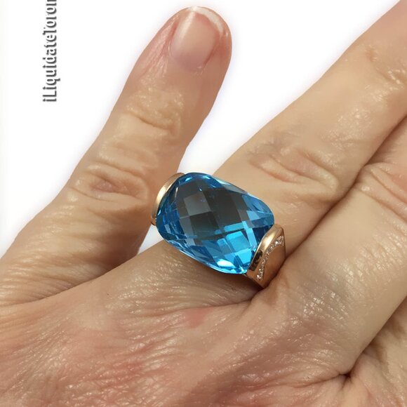 NWOT 18K Rose Gold Blue Topaz & Diamond Ring (Men or Women). - Picture 8 of 11